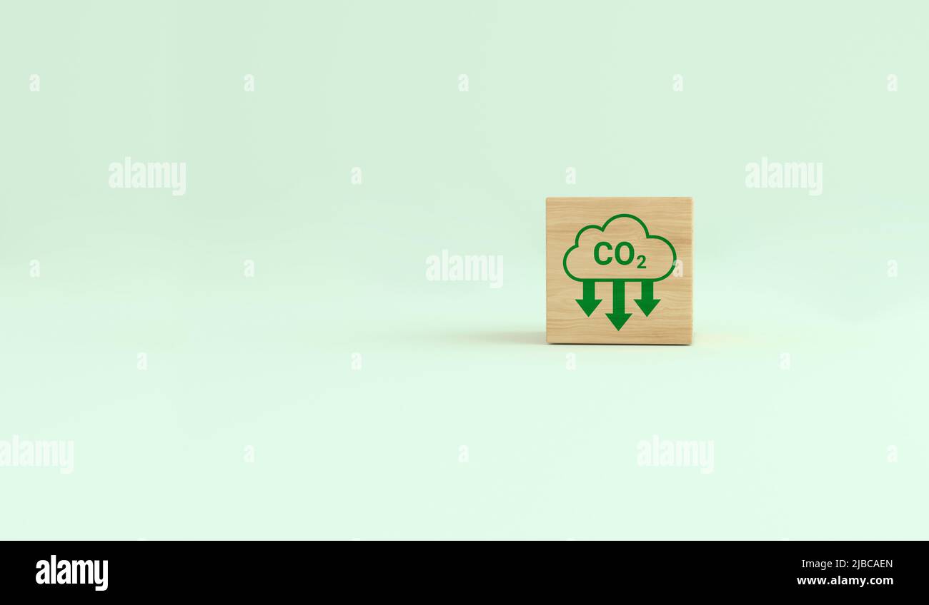 Carbon footprint ecological symbols on a wooden cube with an ecological icon. Sustainable business development. Environmental concept, climate change. Stock Photo