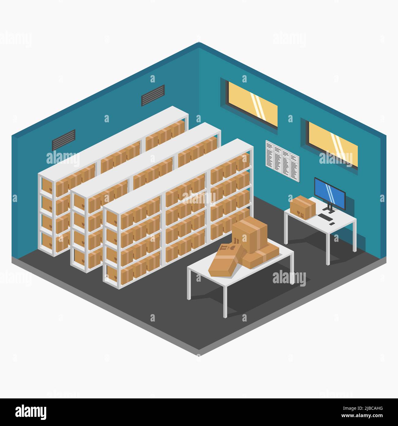 isometric storage room warehouse with parcels and shelves vector flat illustration Stock Vector