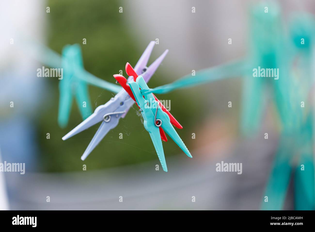 colored clothespins on a line Stock Photo