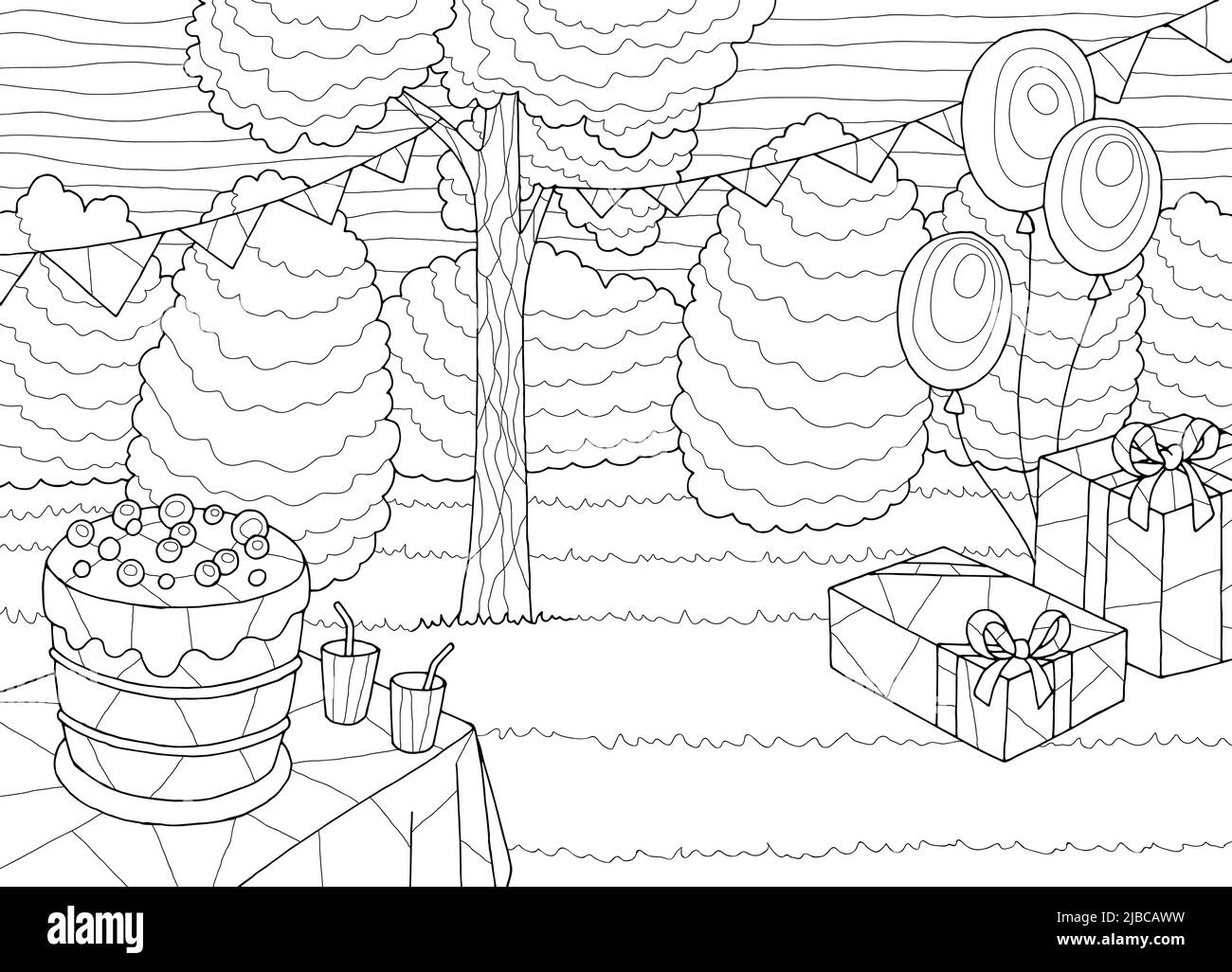 Garden party coloring graphic black white landscape sketch illustration ...