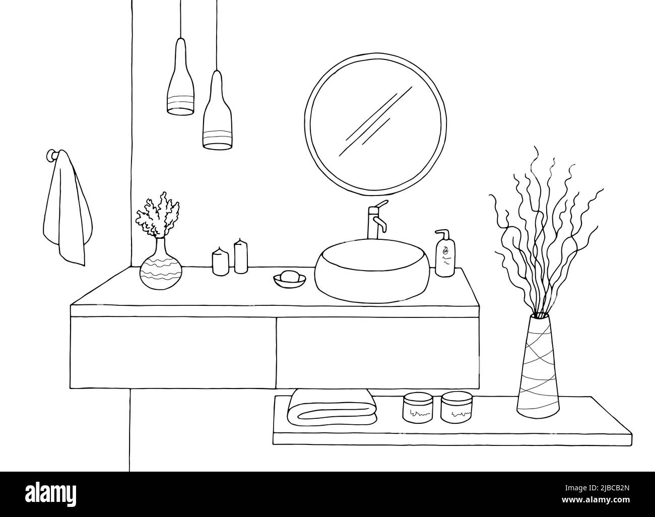 Bathroom graphic home interior black white sketch illustration vector