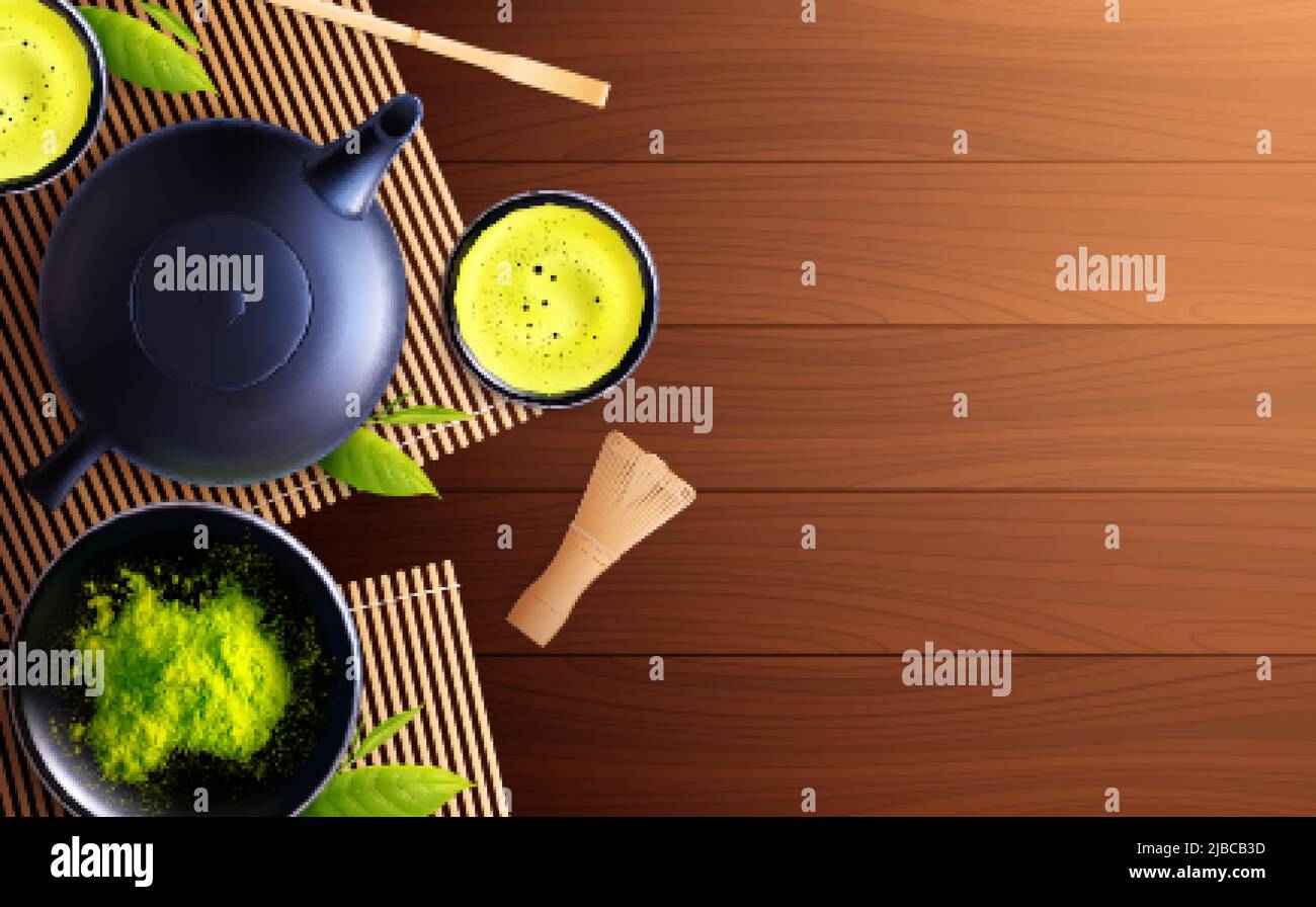 Matcha tea realistic composition with top view of wooden table with tea set cups and powder vector illustration Stock Vector