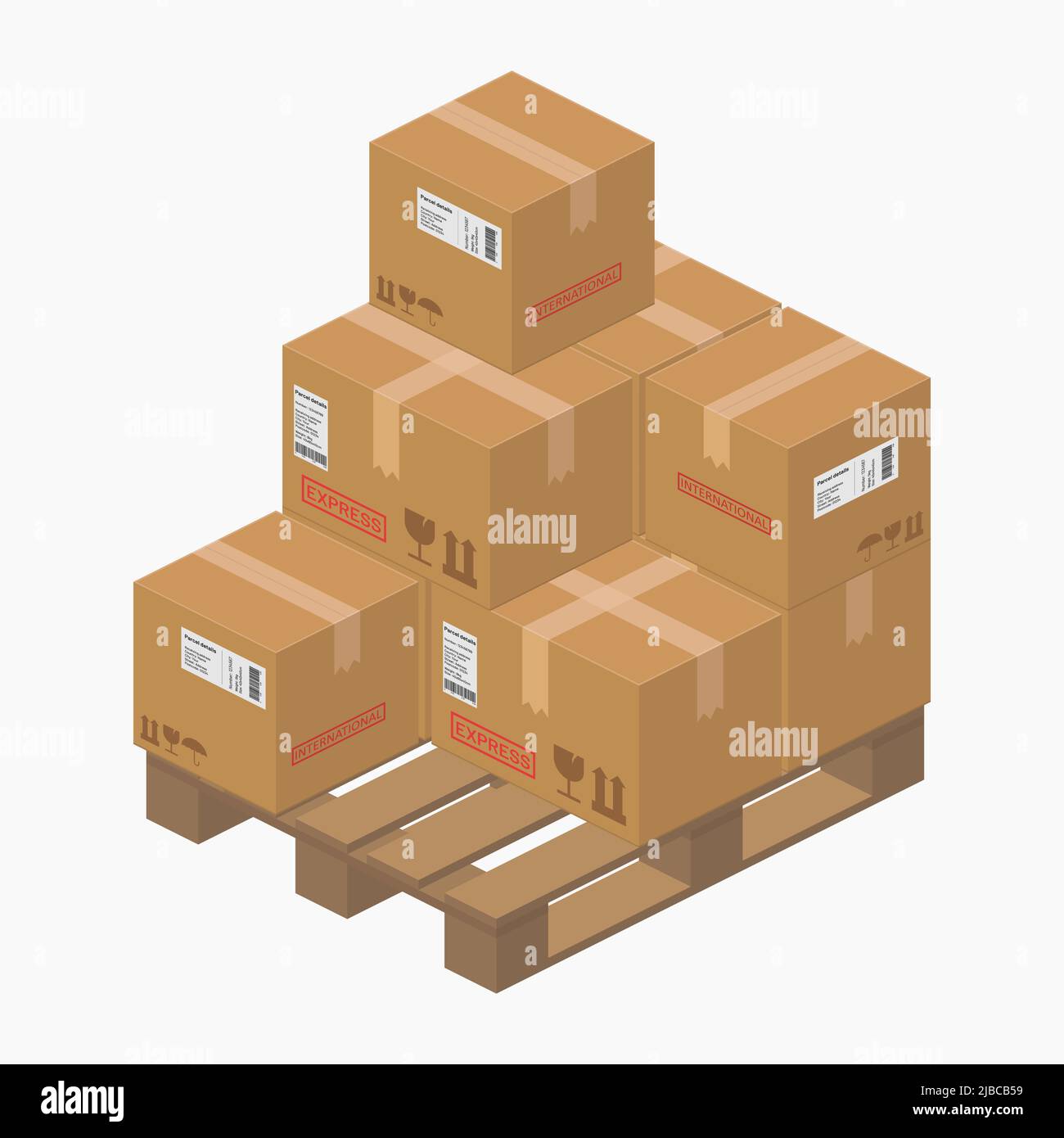 isometric cardboard box packages parcel detailed on wooden pallet vector flat illustration Stock Vector