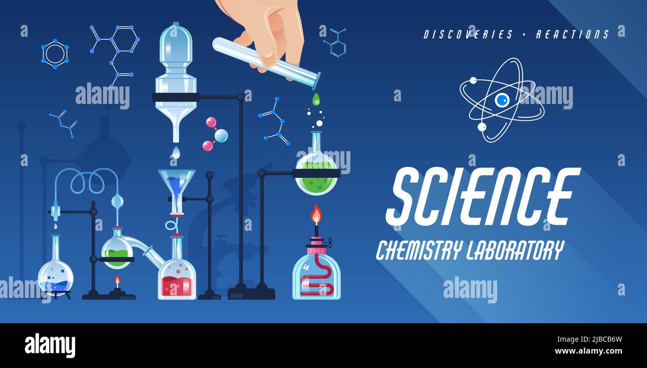 Flat horizontal poster with laboratory equipment for tests on blue background vector illustration Stock Vector