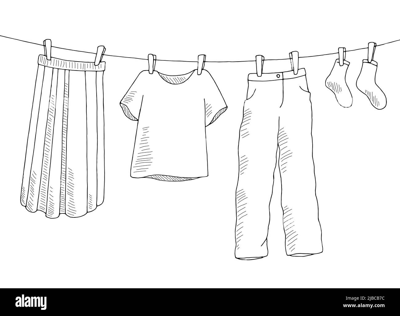 Clothes on a rope graphic black white isolated sketch illustration vector Stock Vector