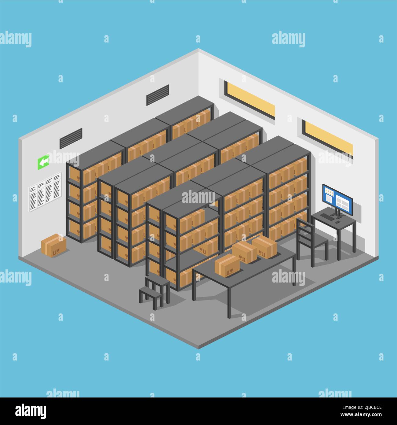 isometric storage room warehouse with parcels and shelves vector flat illustration Stock Vector