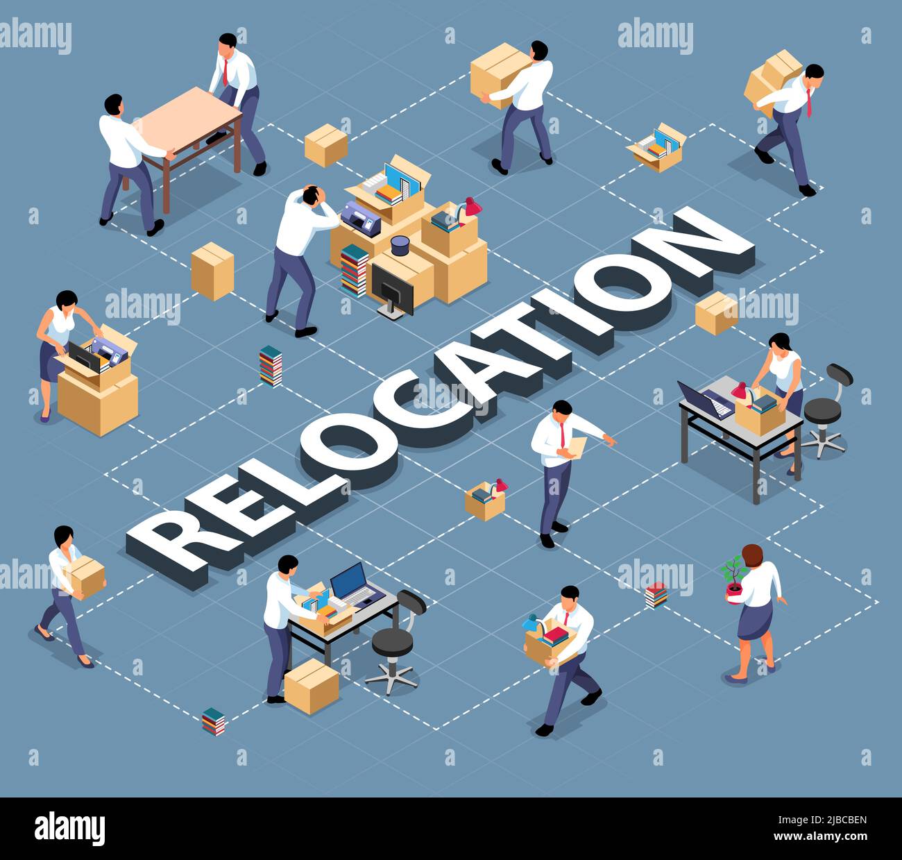 Work Moving Process Color Isometric office move flowchart composition of text and worker ...