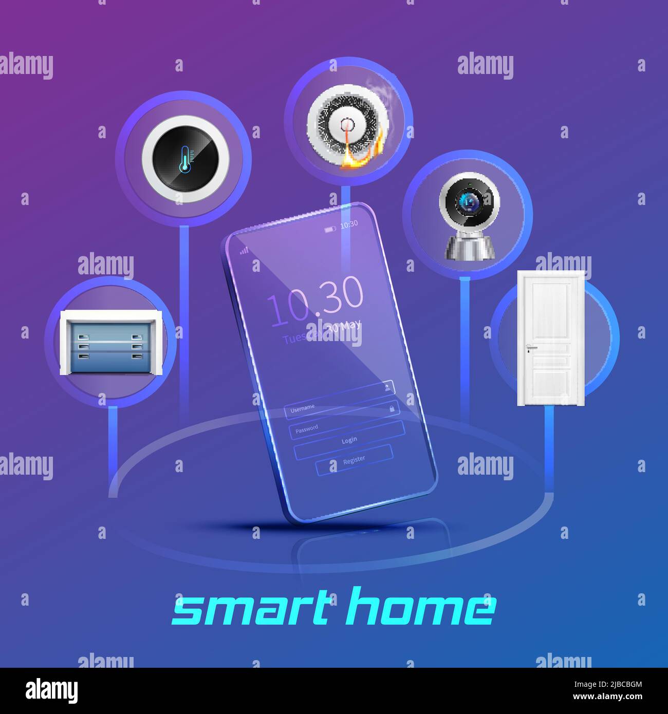 Smart home devices control and monitoring system using smartphone realistic composition violet blue gradient background vector illustration Stock Vector