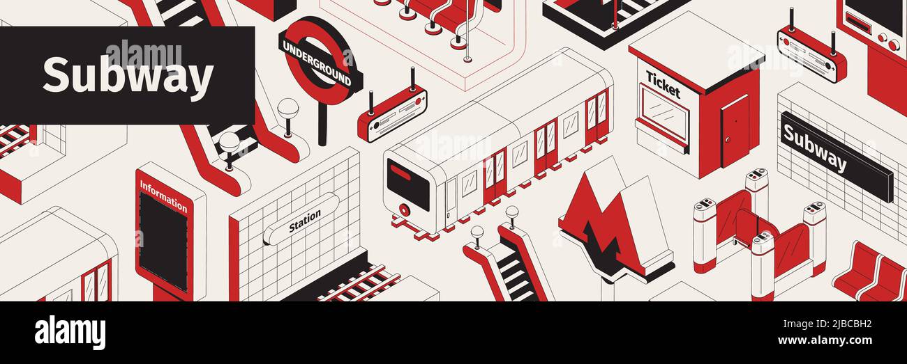 Isometric white red and black seamless pattern with subway trains ticket barrier escalator 3d vector illustration Stock Vector