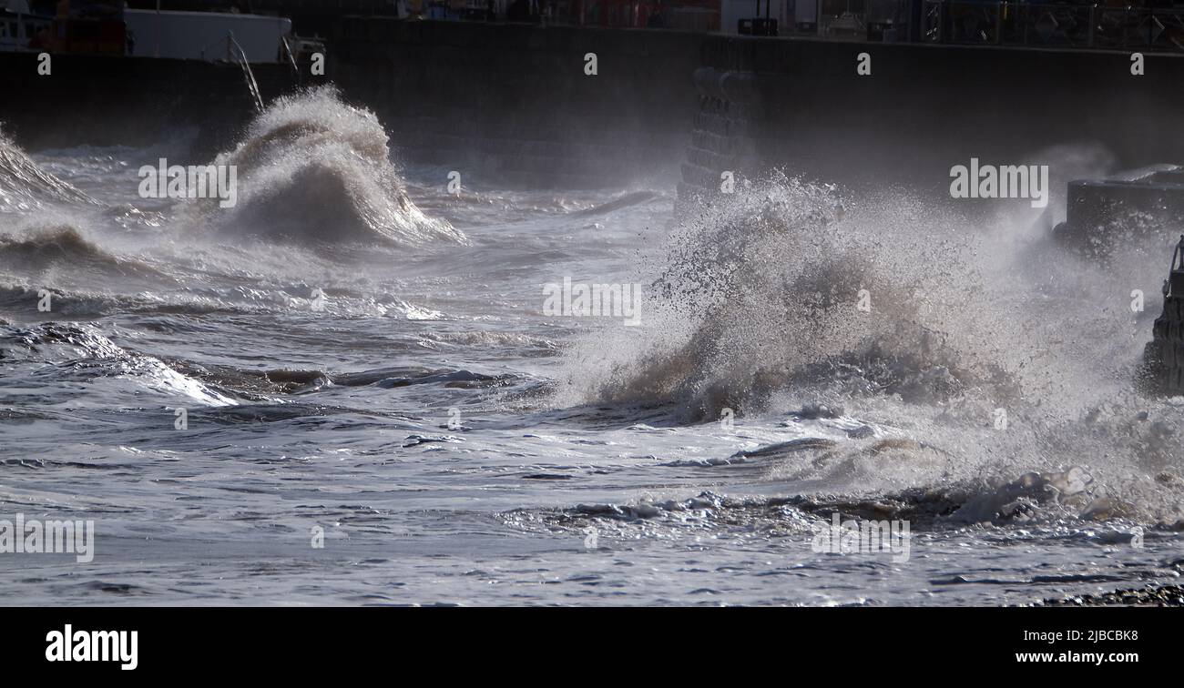 Stormy dangerous seas at Bridelington, north Yorkshire at high spring tides. Stock Photo