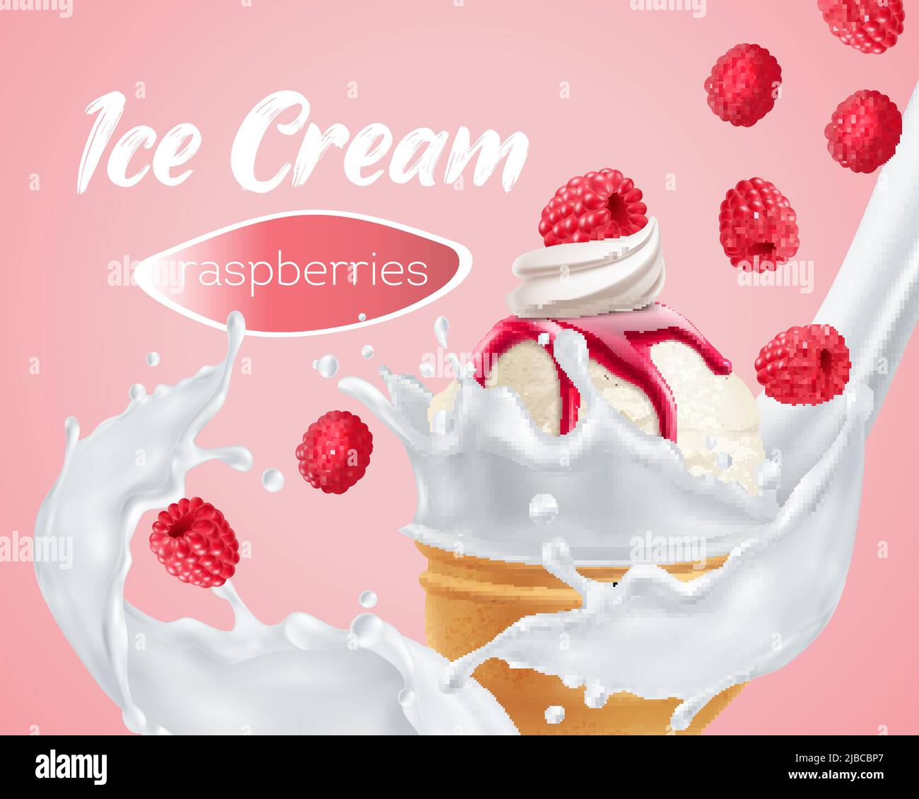 Delicious raspberry ice cream in whipped milk swirl close up summer