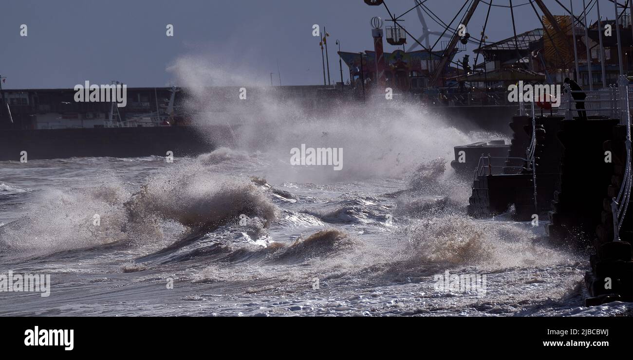 Stormy dangerous seas at Bridelington, north Yorkshire at high spring tides. Stock Photo