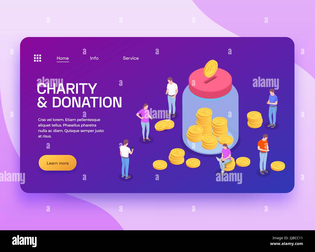 Charity donation volunteering isometric landing page with text clickable links buttons and coin jar with people vector illustration Stock Vector