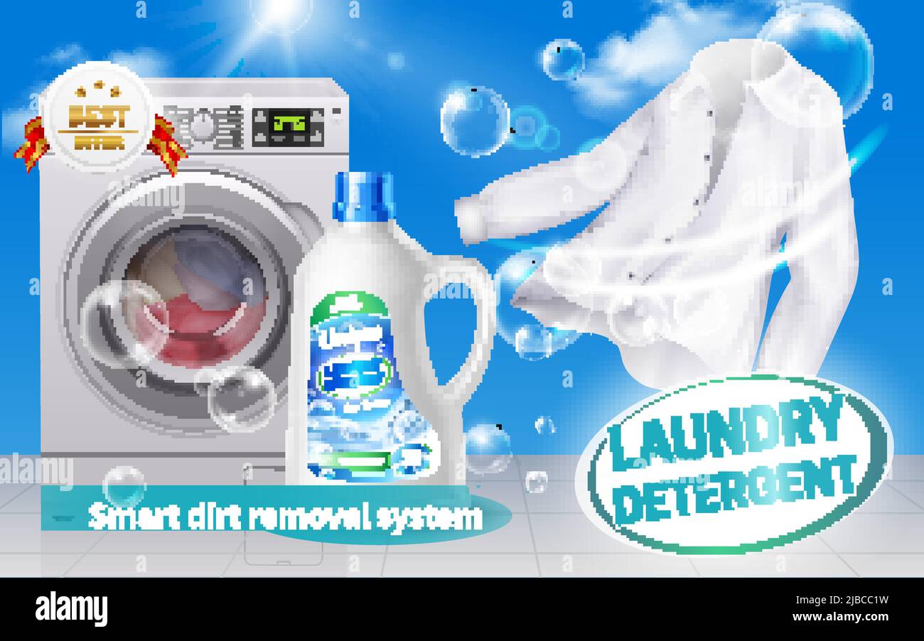 Laundry detergent realistic horizontal composition with white shirt