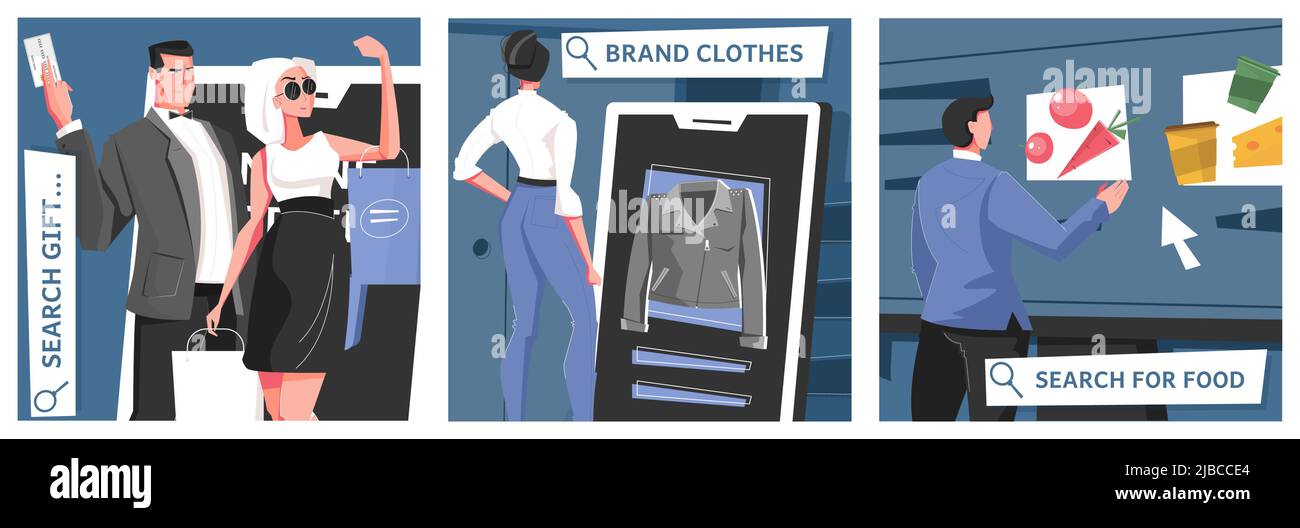 Online shop illustration flat icon set with search gift brand clothes and for food headlines vector illustration Stock Vector