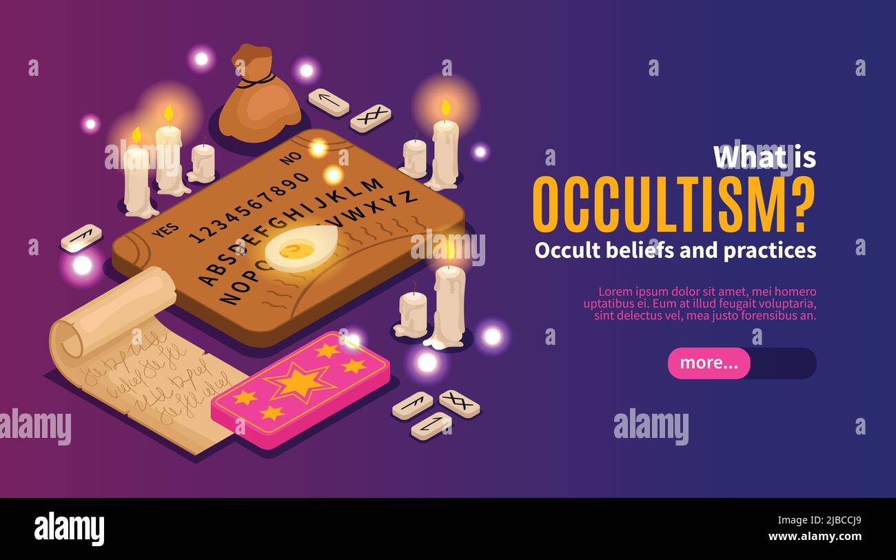 Isometric psychic fortune occult horizontal banner with images of candles ancient script text and more button vector illustration Stock Vector