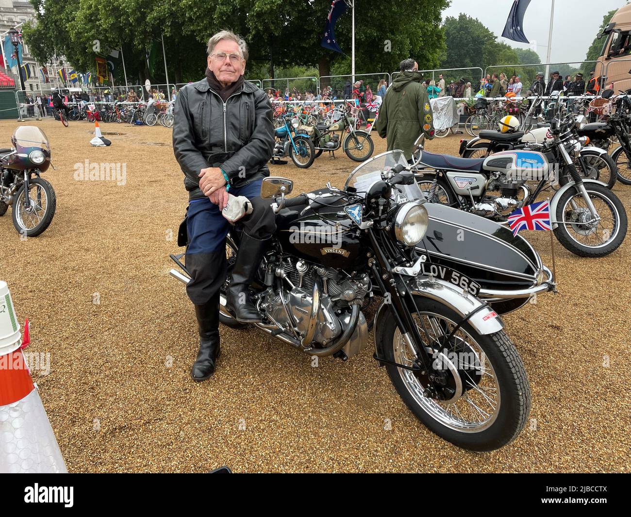 Peter Biles, 86, from High Barnet, is riding his vintage motorcycle as part of a fleet of 1960s vehicles in the Platinum Jubilee Pageant in London, on day four of the Platinum Jubilee celebrations for Queen Elizabeth II. Picture date: Sunday June 5, 2022. Stock Photo