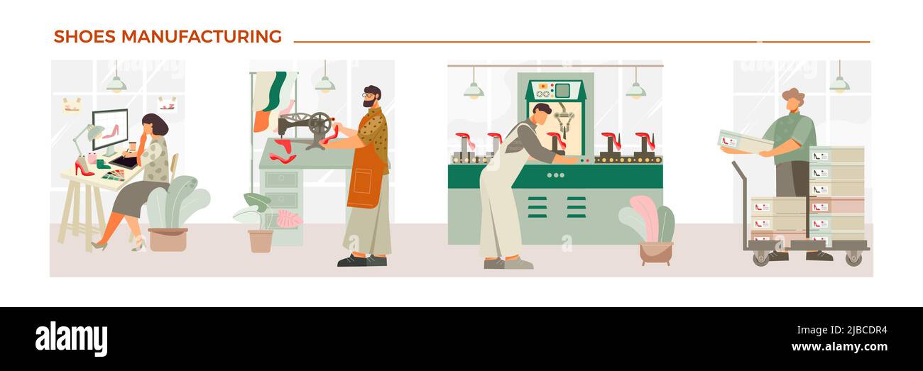 Shoes manufacturing process flat composition with designer shoemaker