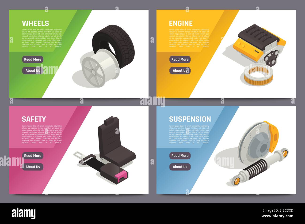 Auto parts car spares online 4 isometric horizontal web banners with