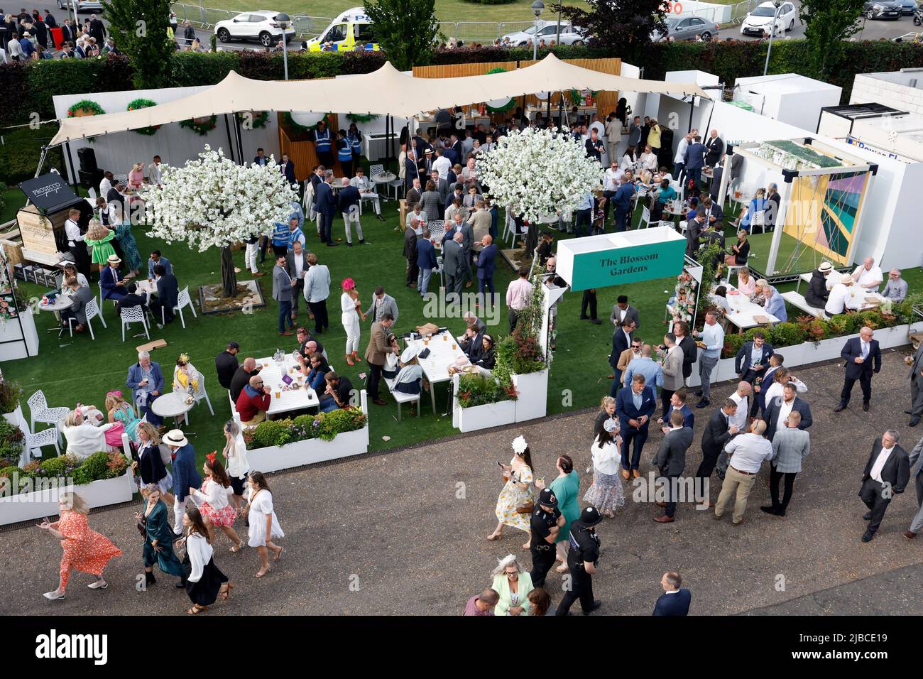 Racegoers in the Blossom Gardens on Derby Day during the Cazoo Derby