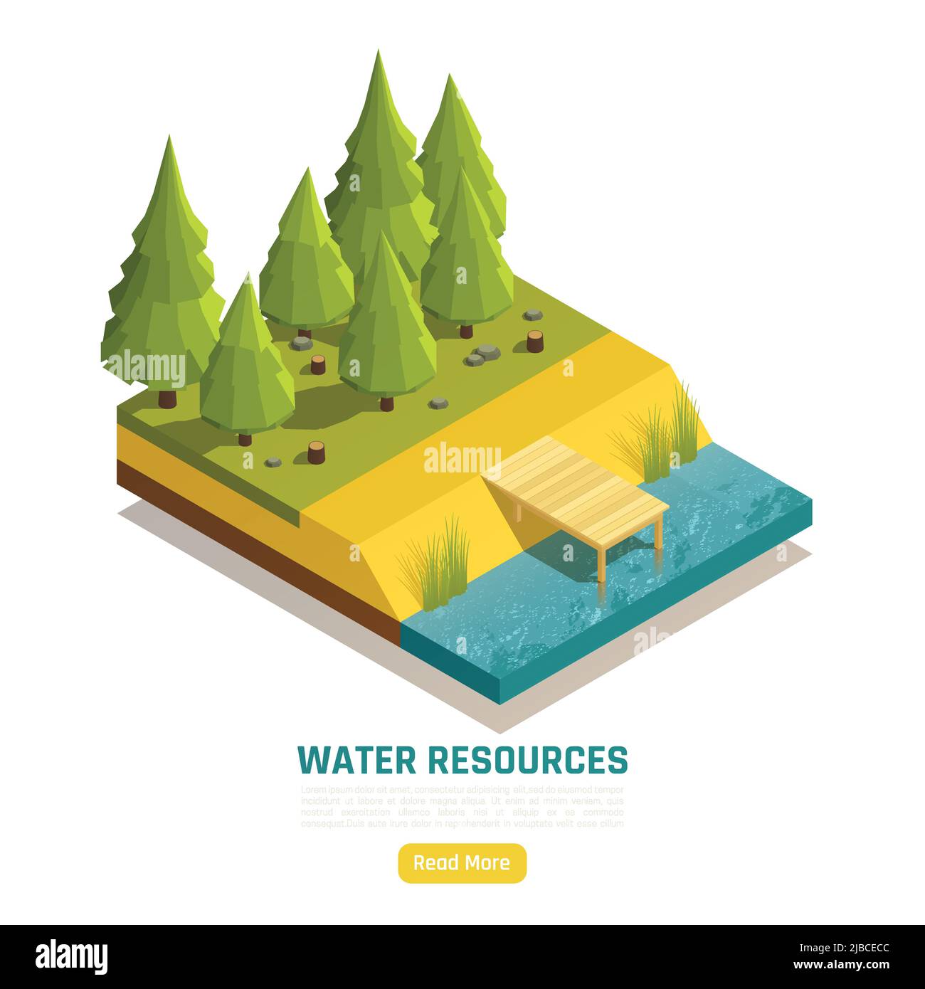 Natural water resources online info isometric composition with pond lake river element at forest edge vector illustration Stock Vector