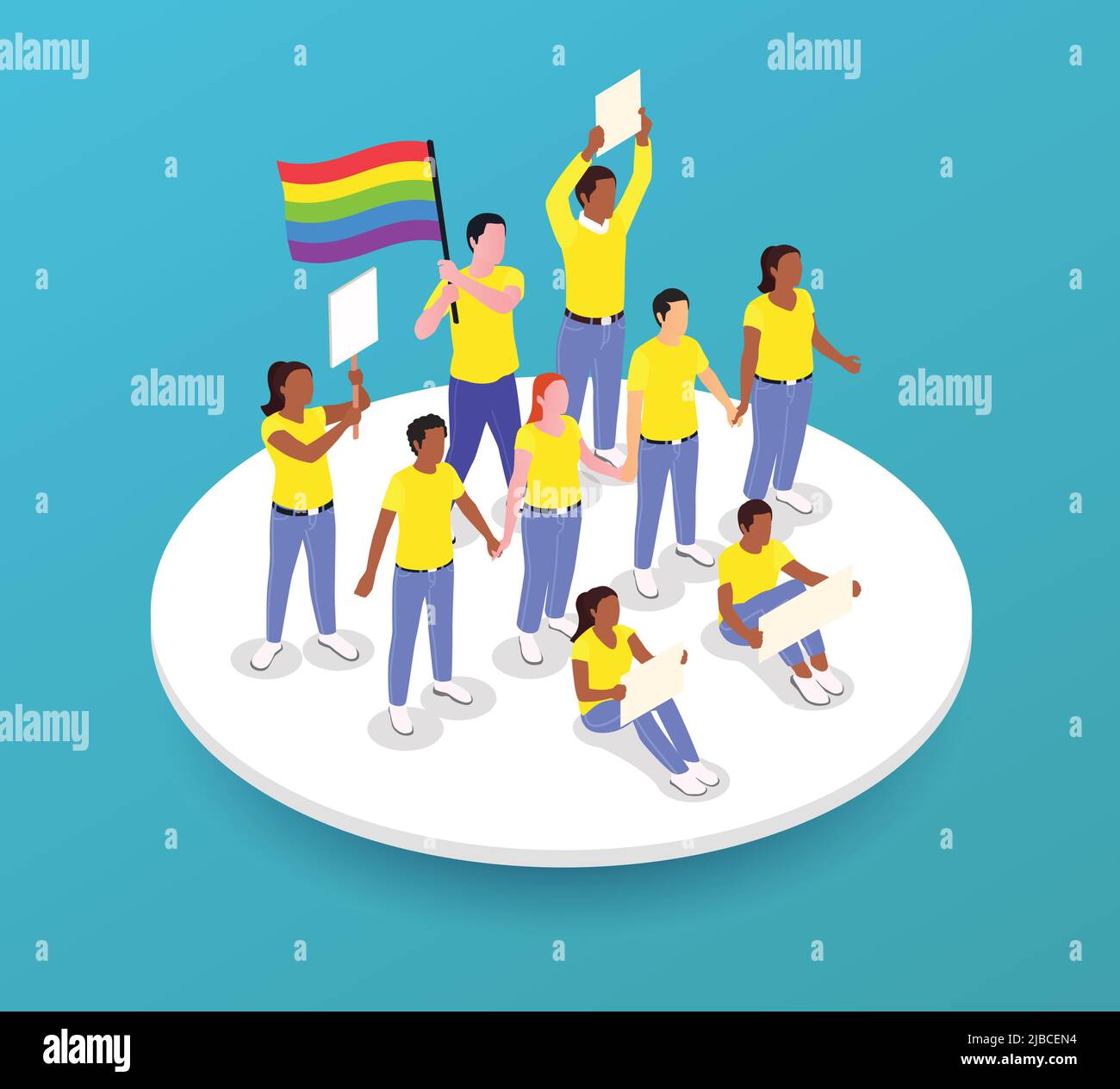 Public protest demonstration isometric composition with round platform and group of rioters with placards lgbt flag vector illustration Stock Vector
