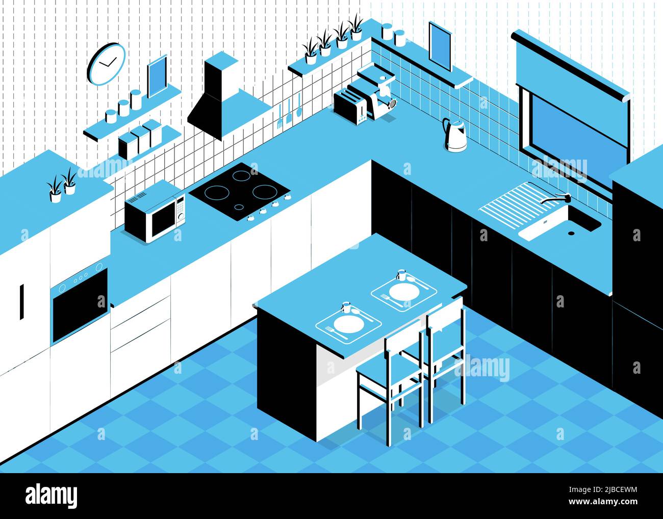 Isometric kitchen composition with indoor scenery table and walls with cabinets and kitchenware sink and oven vector illustration Stock Vector