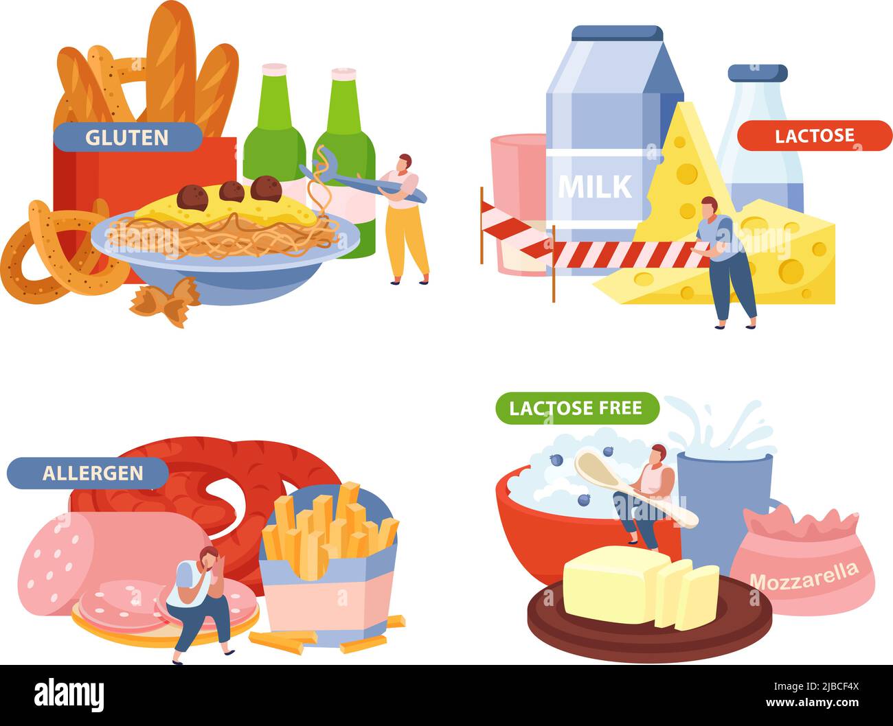 Lactose and gluten oncept icons set with allergen symbols flat isolated vector illustration Stock Vector