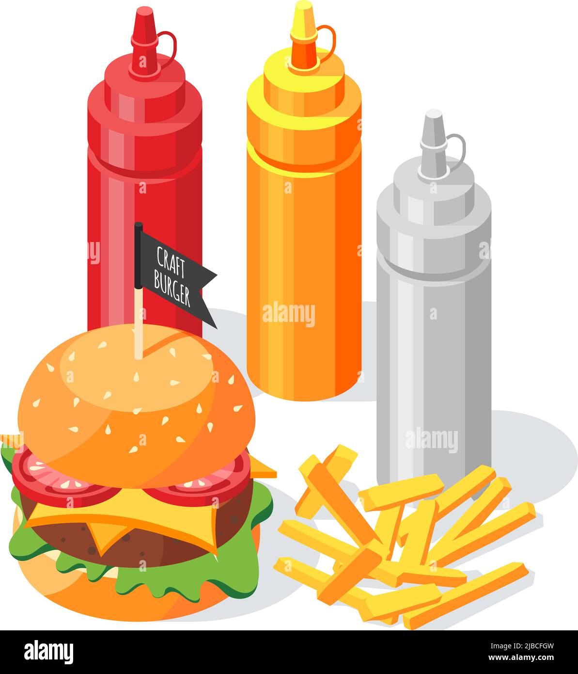 Burger house isometric background composition of burger with fries and three colourful bottles of delicious sauce vector illustration Stock Vector