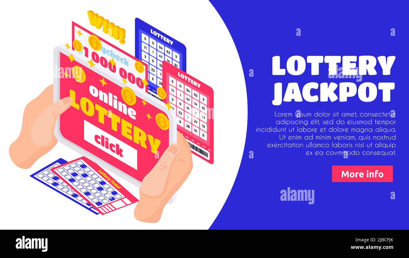 Lottery jackpot isometric landing page with human hands holding  lotto tickets and win paycheck for million dollar vector illustration Stock Vector