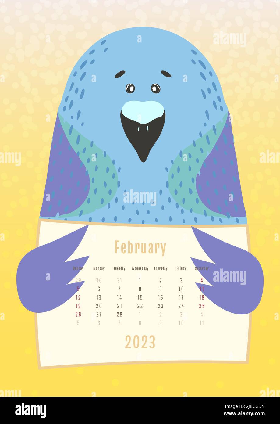 2023 february calendar, cute pigeon bird holding a monthly calendar sheet, hand drawn childish style. Stock Vector