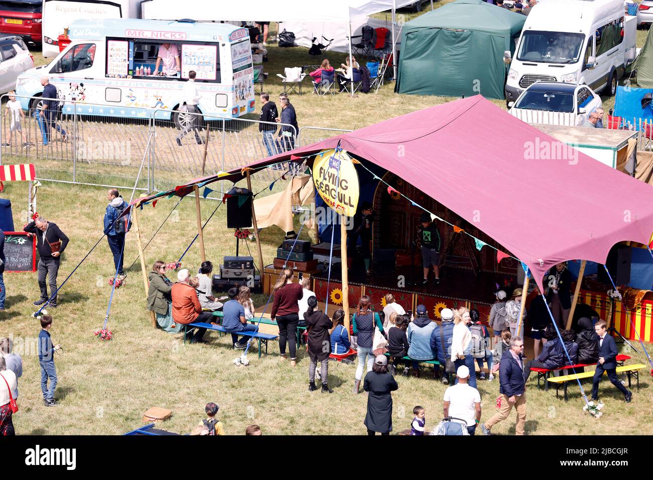 General view across the course including the Fying Seagull project tent on Derby Day during the Cazoo Derby Festival 2022 at Epsom Racecourse, Surrey. Picture date: Saturday June 4, 2022. Stock Photo