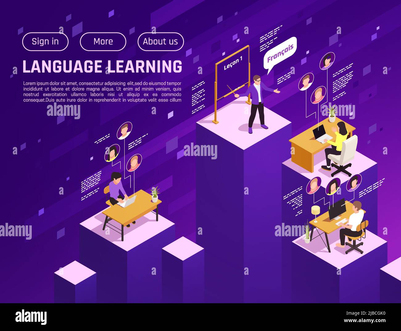 Online language school website isometric landing page with learning french virtual lesson purple background vector illustration Stock Vector