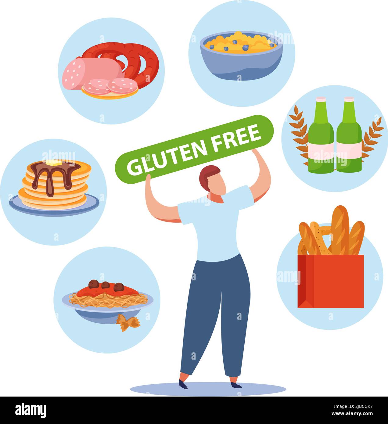 Gluten free product concept with food and drink symbols flat vector illustration Stock Vector