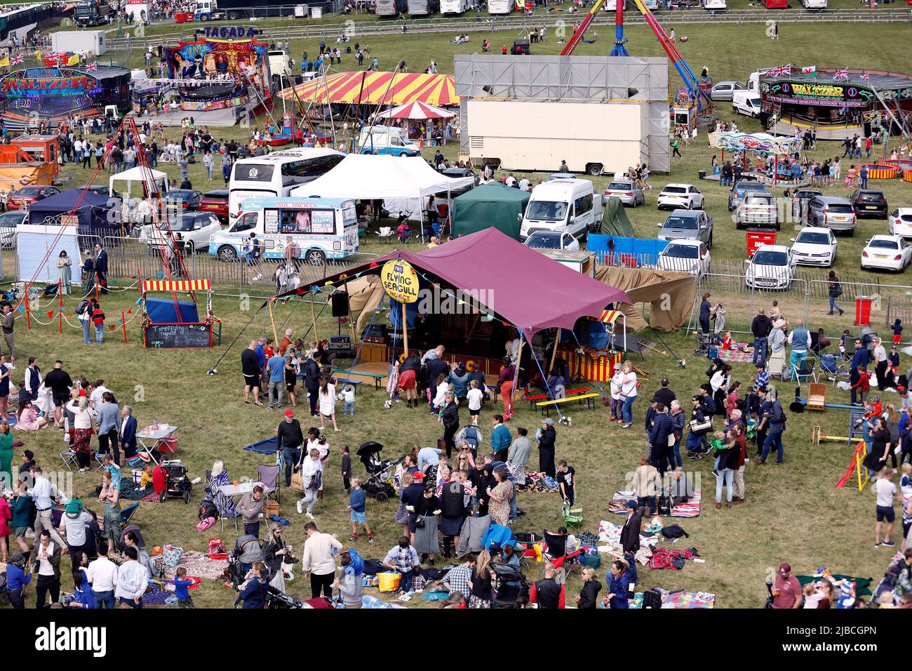 General view across the course including the Fying Seagull project tent on Derby Day during the Cazoo Derby Festival 2022 at Epsom Racecourse, Surrey. Picture date: Saturday June 4, 2022. Stock Photo