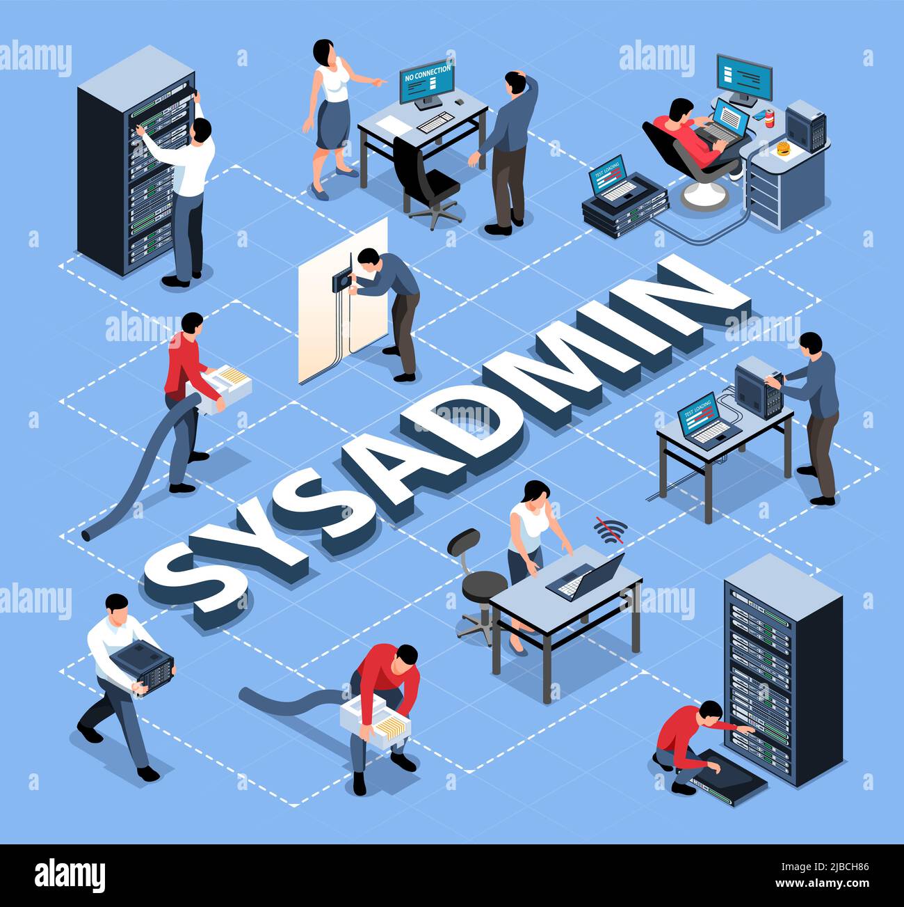 Isometric flowchart with system administrator at work in office 3d vector illustration Stock Vector