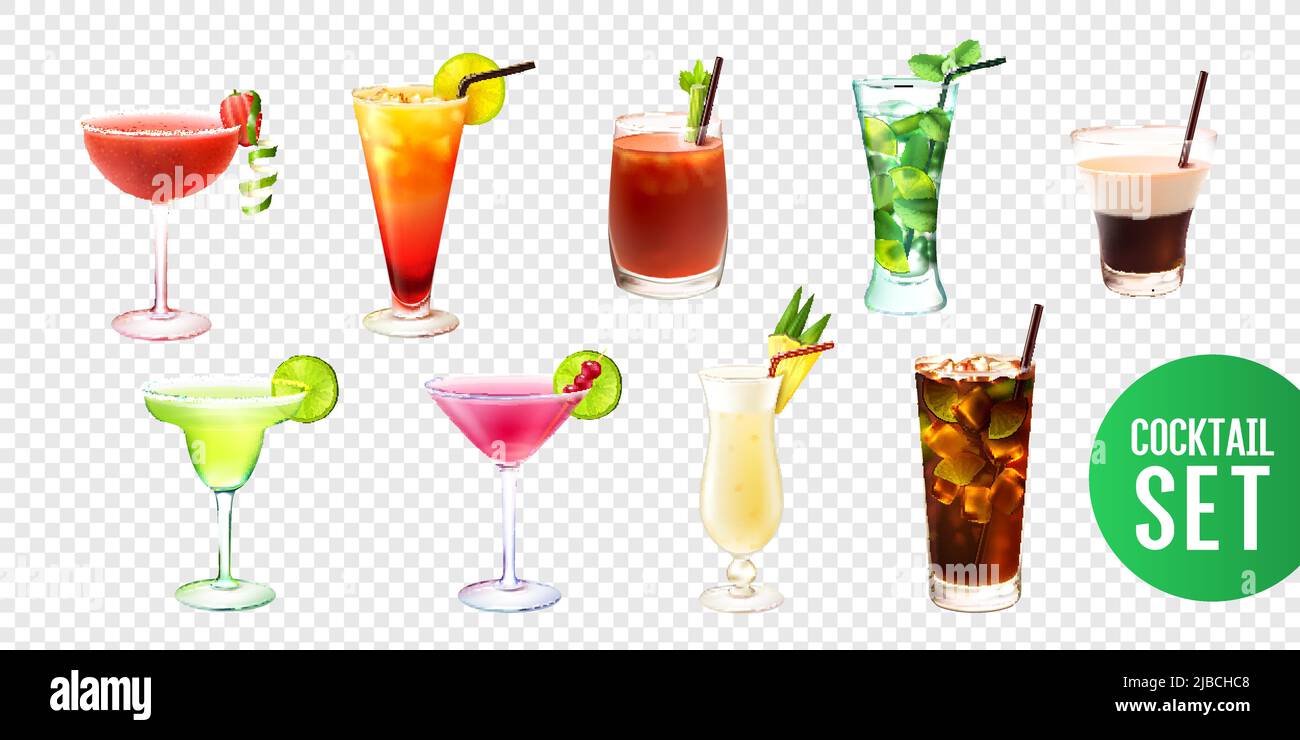 Realistic set with ten alcoholic cocktails in glasses of different shape isolated on transparent background vector illustration Stock Vector