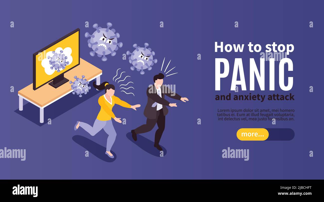Isometric panic anxiety attack people horizontal banner with human characters slider more button and editable text vector illustration Stock Vector