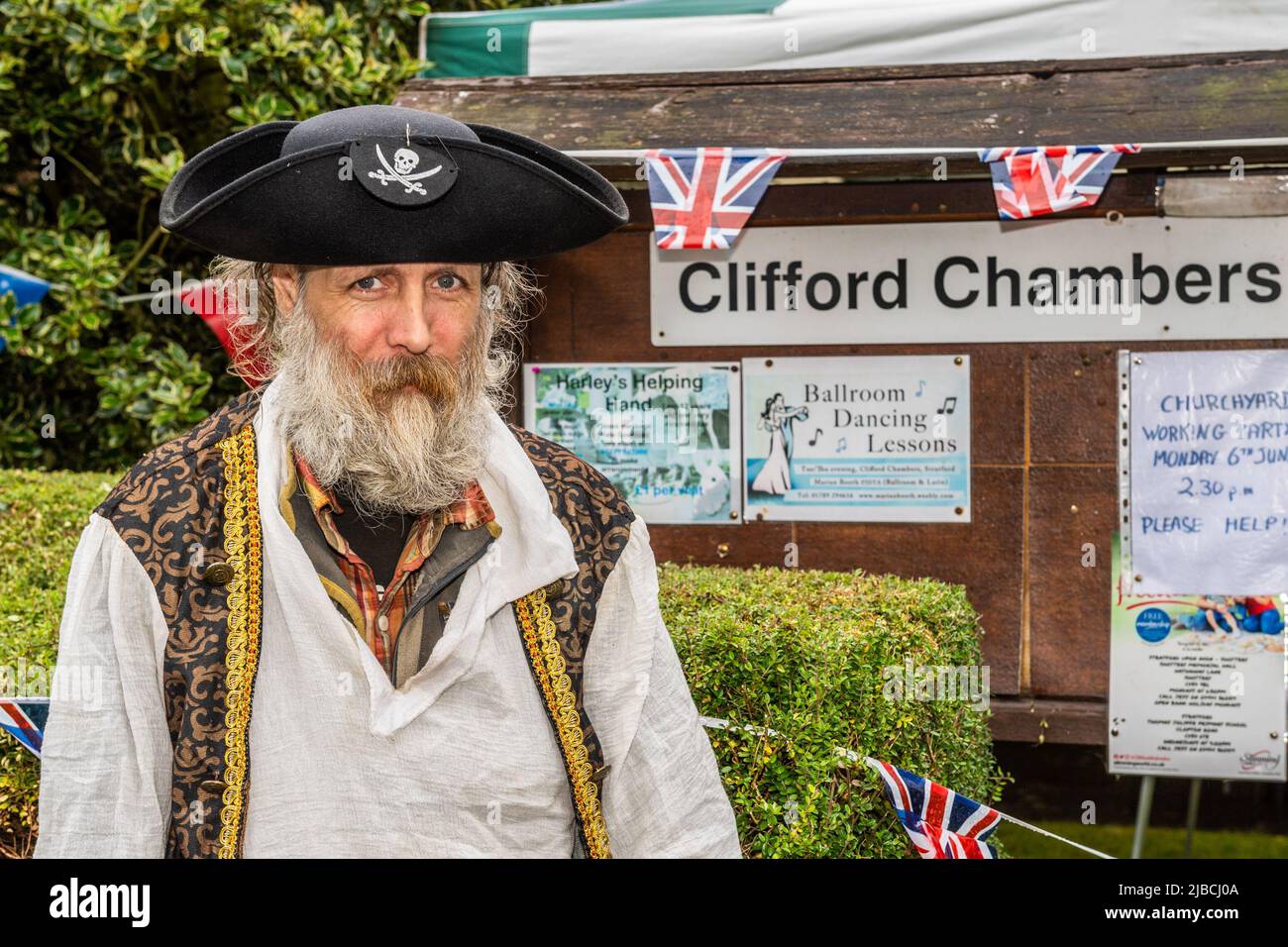 Clifford Chambers, Warwickshire, UK. 5th June, 2022. The picturesque village of Clifford Chambers held a Platinum Jubilee in its village hall today. Enjoying the celebrations was Stewart the Pirate from Clifford Chambers. Credit: AG News/Alamy Live News Stock Photo