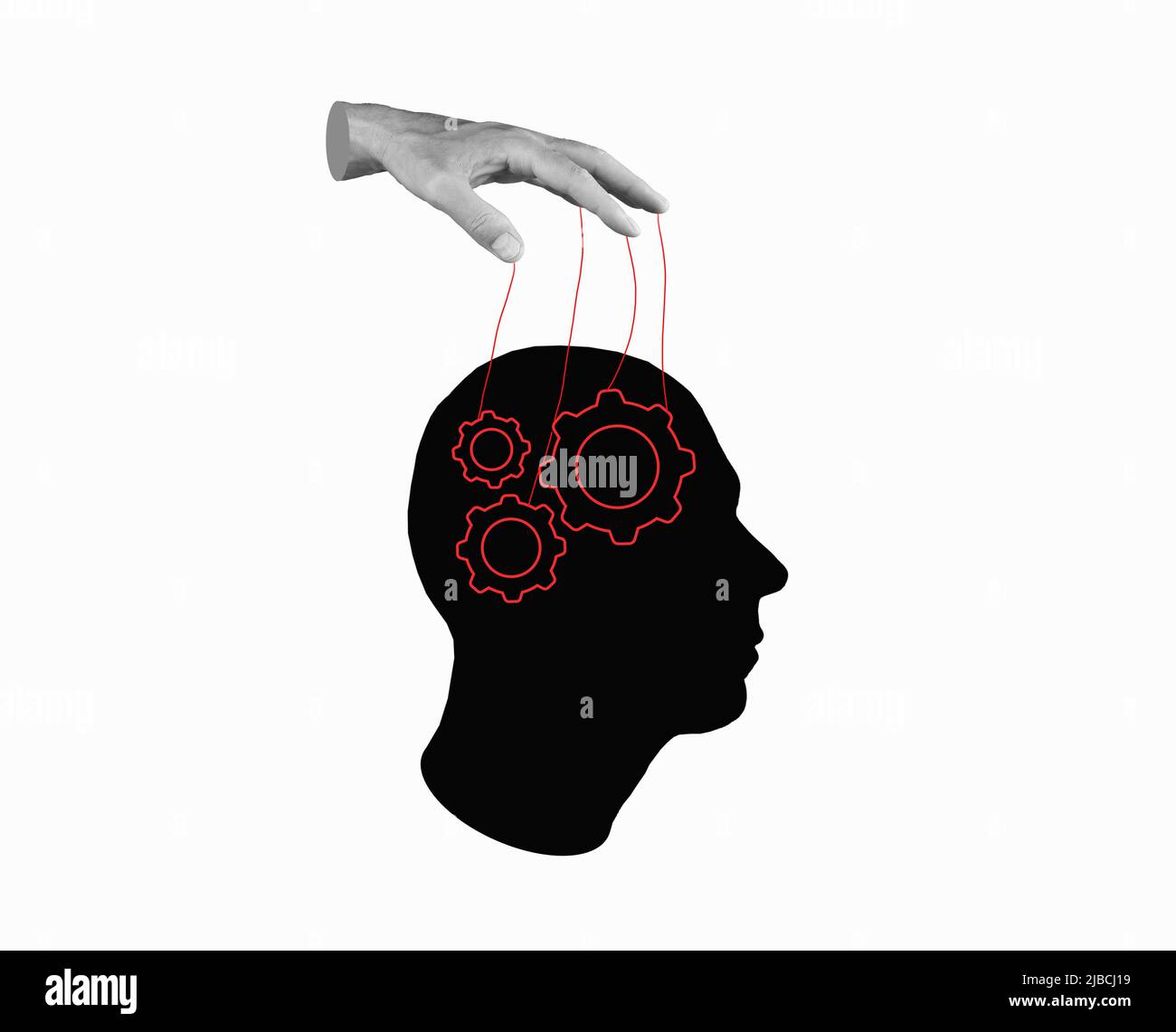 Power over human mind. Hand with strings and head on grey background. Manipulation of person consciousness, thoughts, opinion. Controlled people. High quality photo Stock Photo