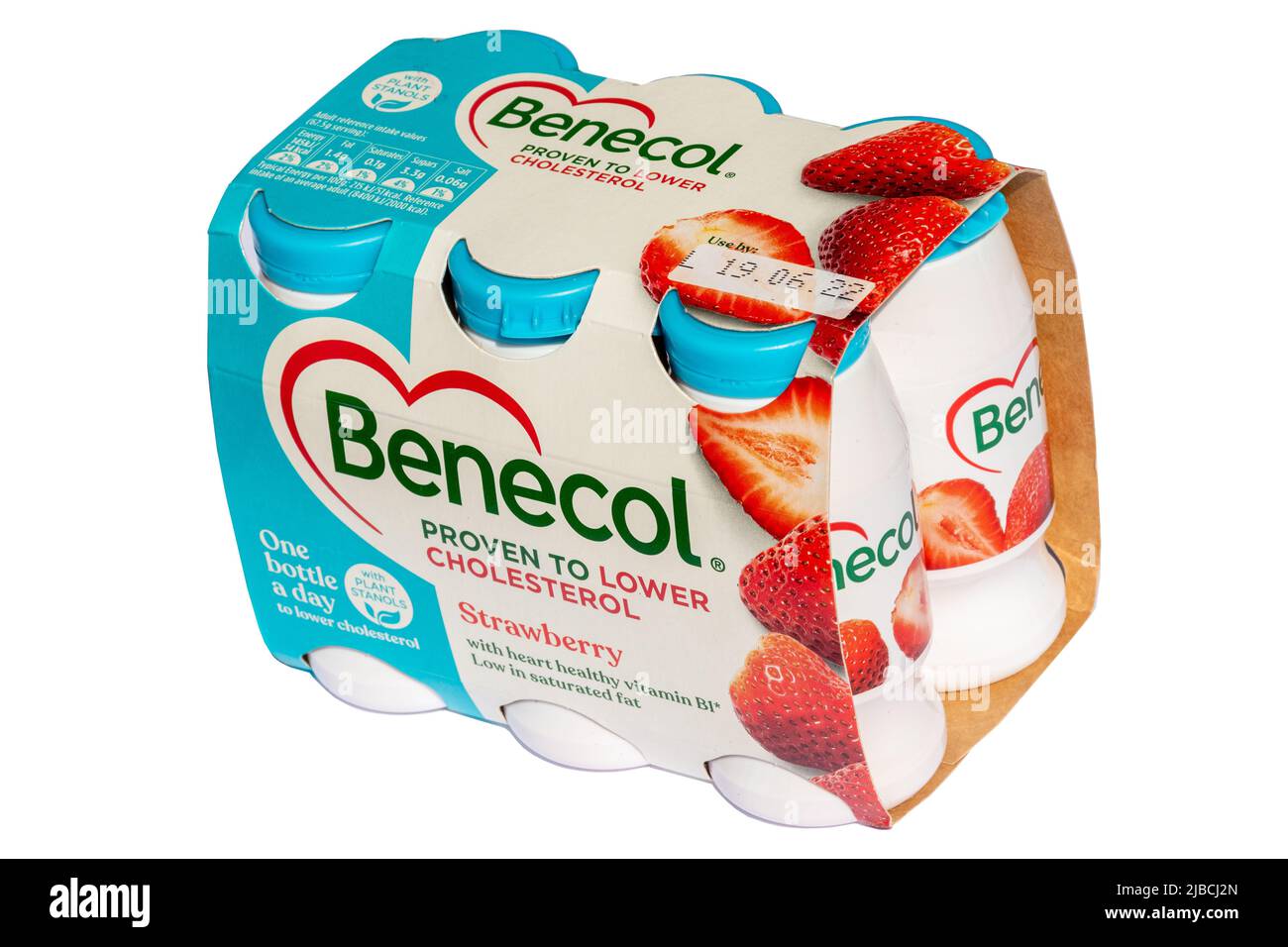 Benecol yoghurt drinks strawberry flavour, with plant stanols proven to lower cholesterol, heart healthy food product, UK Stock Photo