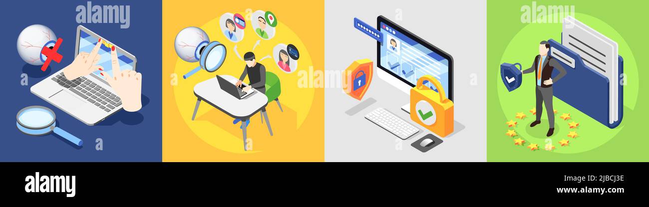 Personal data protection gdpr isometric 4x1 design concept with pictogram icons images of computer and people vector illustration Stock Vector