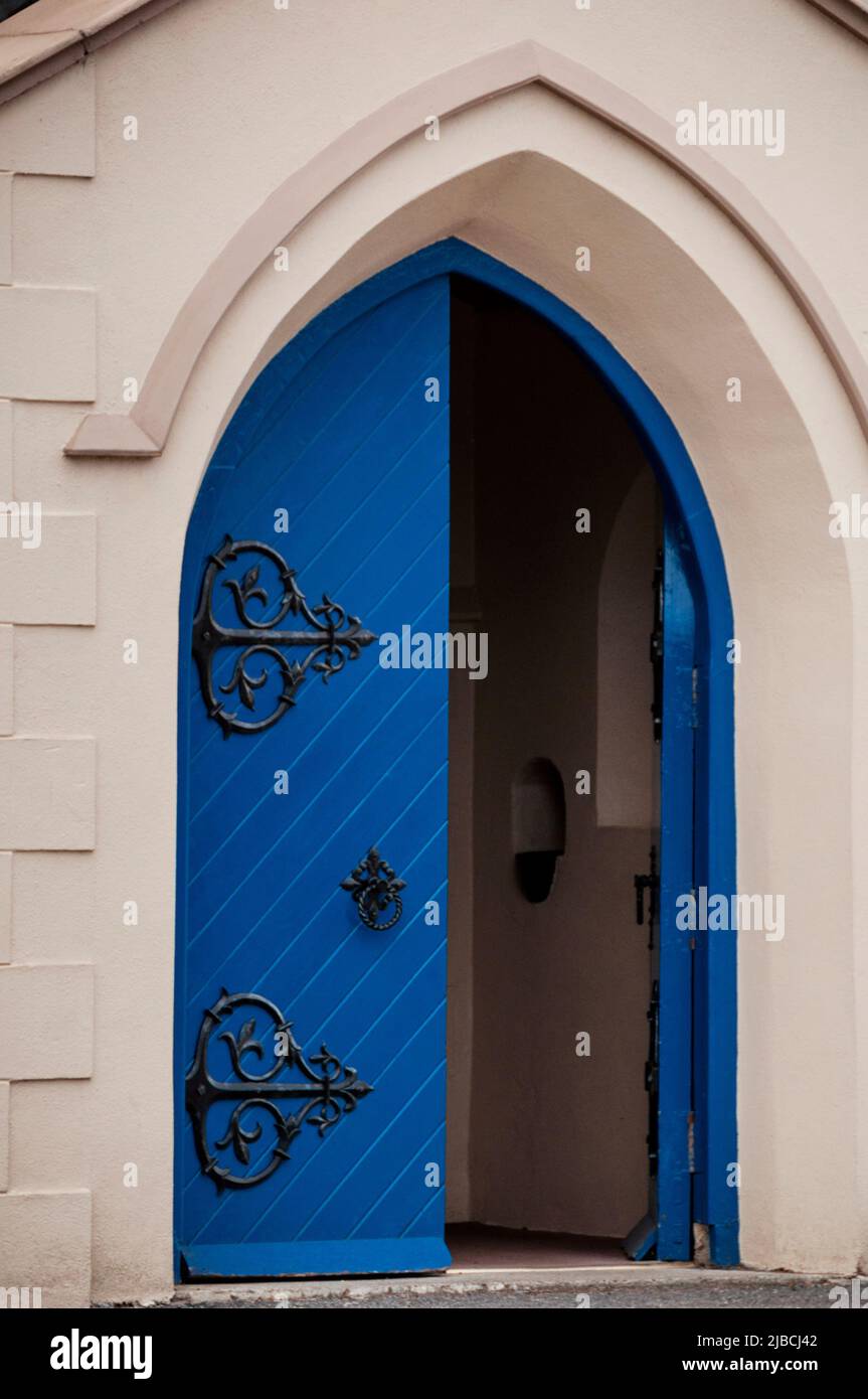 Pointed arch door at the Church of the Assumption in Castledermot, Ireland. Stock Photo