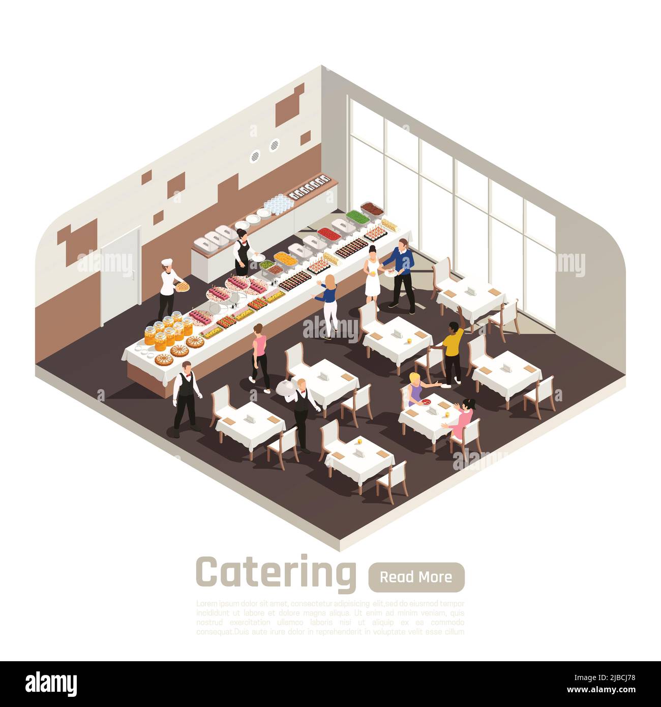 Catering celebrations banquet service isometric composition with wedding reception in restaurant hall with buffet bar vector illustration Stock Vector