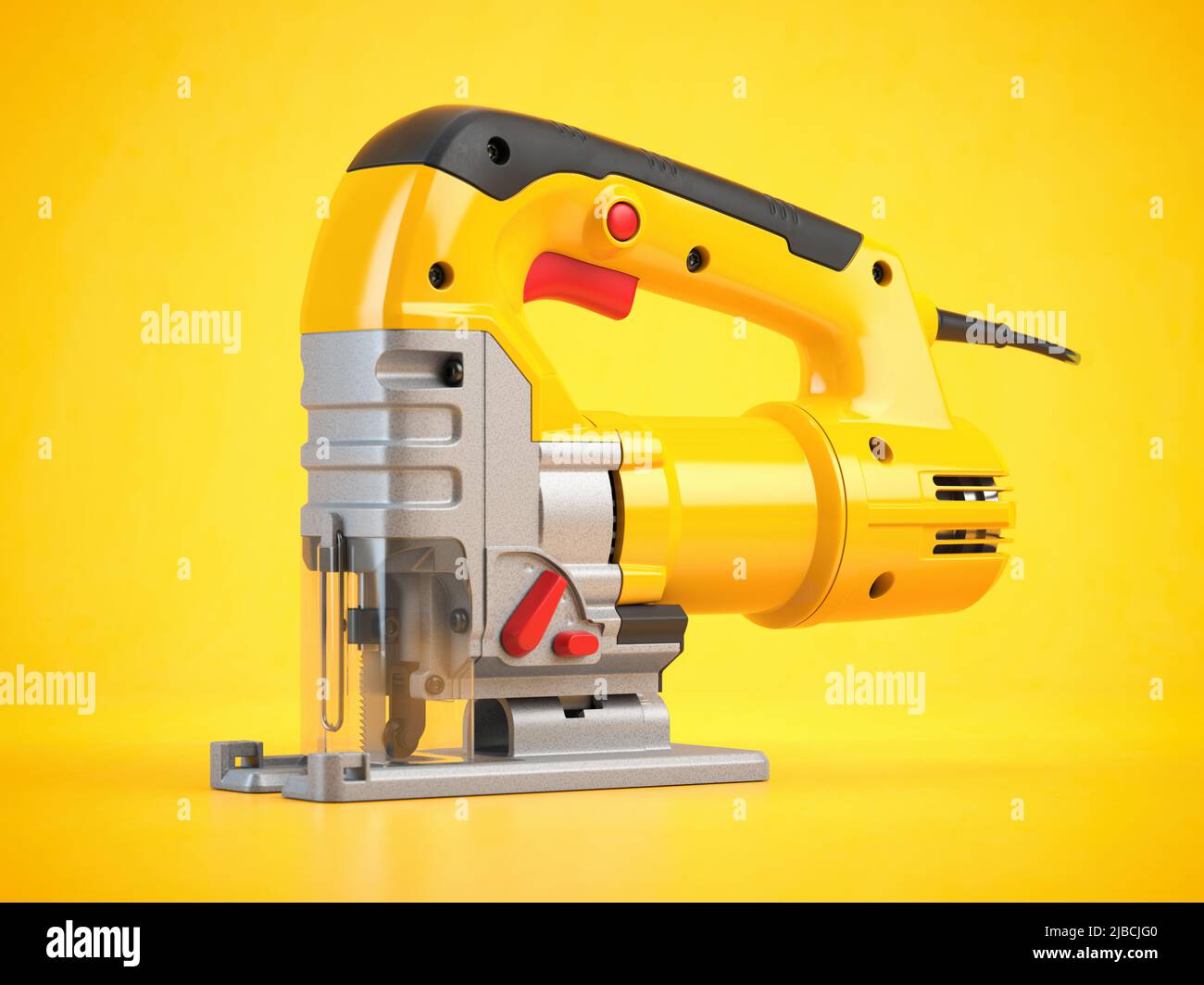 Yellow electric jigsaw on yellow background. Electric tool for carpenter. 3d illustration Stock Photo