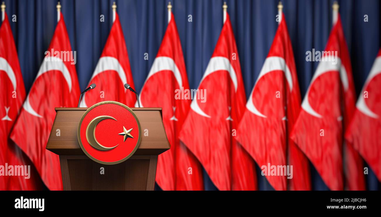 Political event, press conference or speach of a leader of Turkey.  Flag of Turkey and speaker podium tribune. 3d illustration Stock Photo