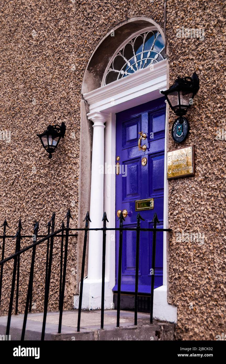 Fanlight on a vibrant purple Georgian style door of in Cavan, Ireland. Stock Photo