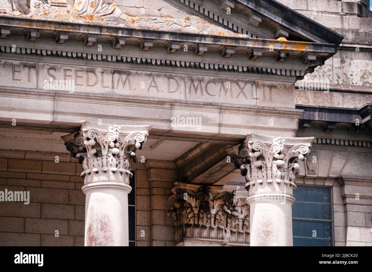 Lettered frieze and Corinthian capitals at thel Neo-Classical Cathedral of Saints Patrick and Felim in Cavan, Ireland. Stock Photo
