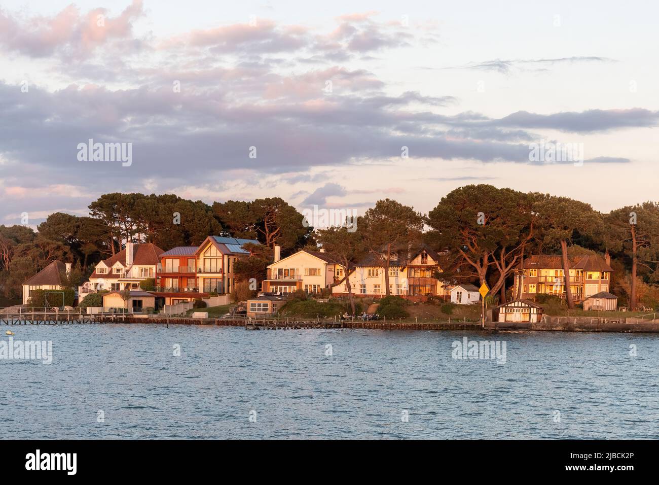 View of exclusive properties houses on Sandbanks from the sea, an