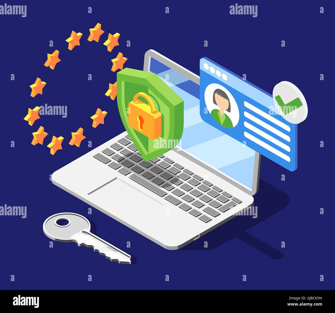 Personal data protection gdpr isometric background with european union symbolics shield and lock pictograms with laptop vector illustration Stock Vector